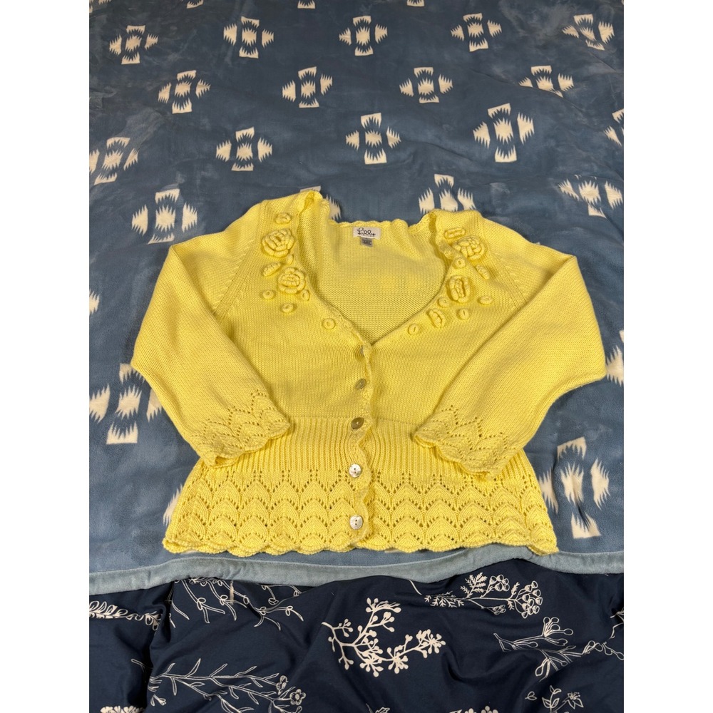 Lilly Pulitzer Yellow Floral Rosette Pointelle Cotton Cardigan Sweater XL 6960